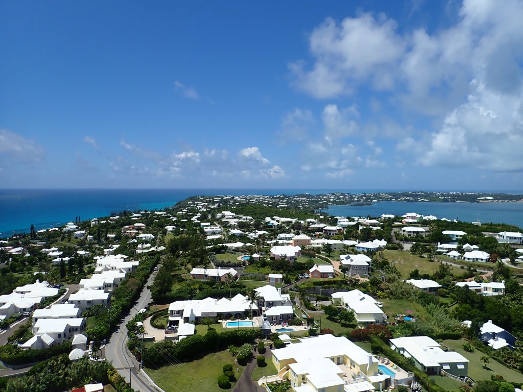 Island from above with houses, roads and gardens.