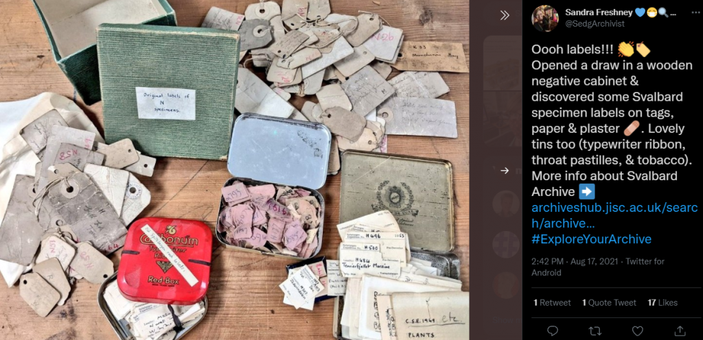 Sandra tweeted about the specimen labels within the Svalbard collection. The image shows lots of different labels spread across a table, some in tins with the lids open.